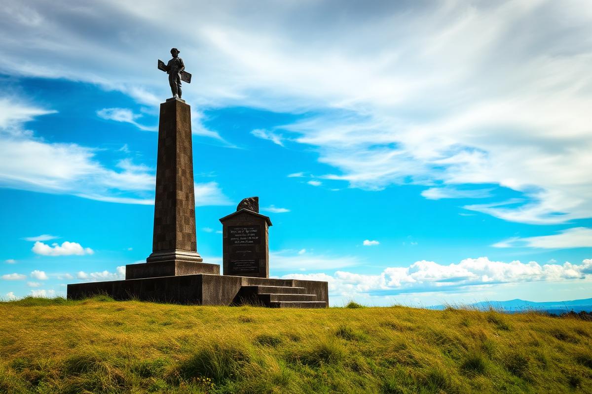 Battlefield memorial on a grassy hill