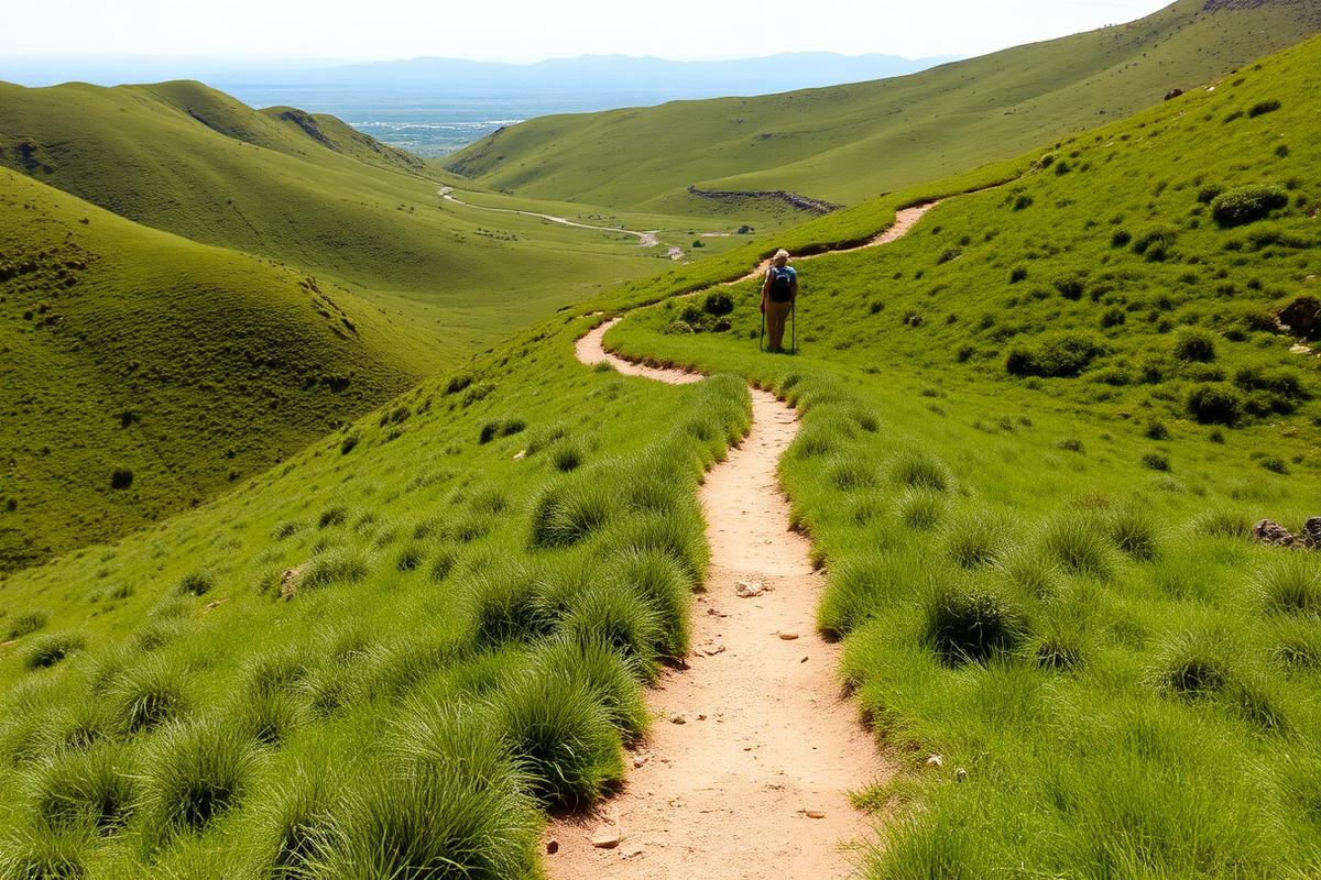 Hiking trail through green hills